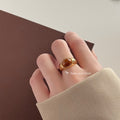 Gold Tone Chunky Open Adjustable Ring With Amber Brown Oval Stone view 2