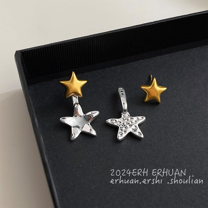 Two-Tone Matte Gold Silver Liquid Star Drop Earrings