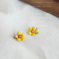 Yellow Enamel Flower Stud Earrings Purple Bud Leaf view 1