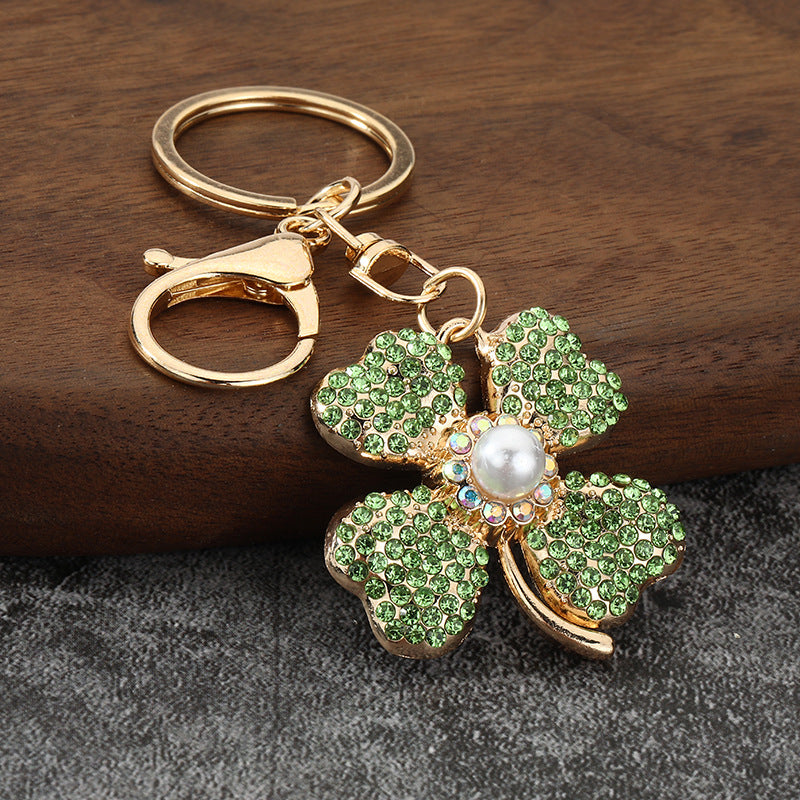 Rhinestone Pearl Four-Leaf Clover Metal Keychain Bag Charm