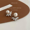 Silver Tone Pearl Top Clear Stone Leaf Cluster Front Back Stud Earrings view 4