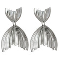 Silver Tone Ridged Double Fish Tail Drop Stud Earrings For Women view 5