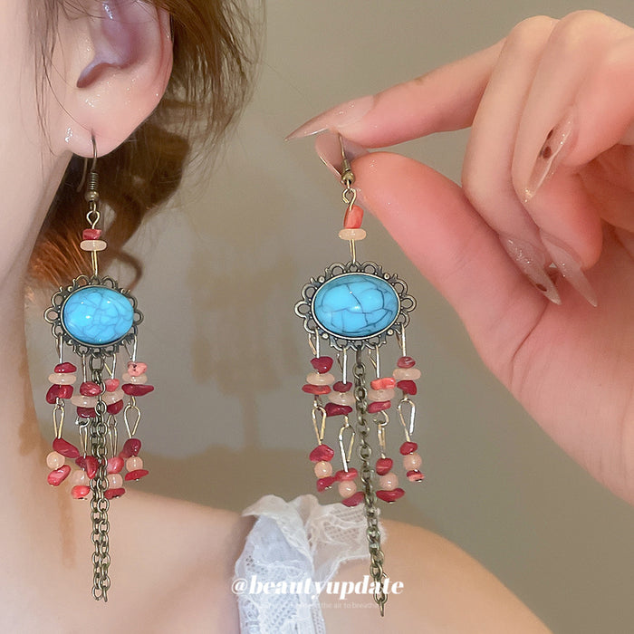 Turquoise Oval Beaded Chandelier Earrings With Red Accents