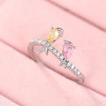 Silver Twin Bird Ring Pink Yellow Stones Multi Sizes view 3