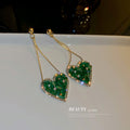 Green Crystal Heart Long Dangle Statement Earrings view 3
