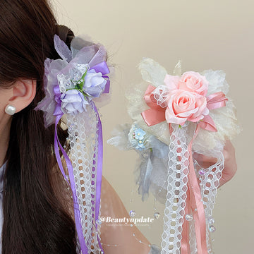 Lace Rose Duckbill Hair Clips Ribbon Pearls Three Styles