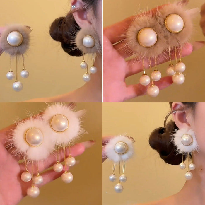 Fuzzy Round Pearl Look Drop Earrings in Brown and White