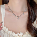 Silver Scalloped Chain Pearl Drop Necklace Clear Crystal Dangles view 1