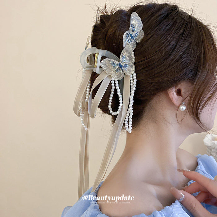 Khaki Butterfly Pearl Ribbon Tassel Acrylic Hair Claw Clip