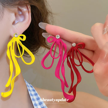 Colorful Cord Bow Stud Earrings with Long Looped Ribbon Tails