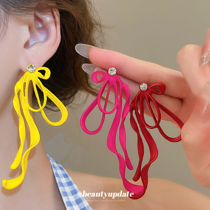 Colorful Cord Bow Stud Earrings with Long Looped Ribbon Tails
