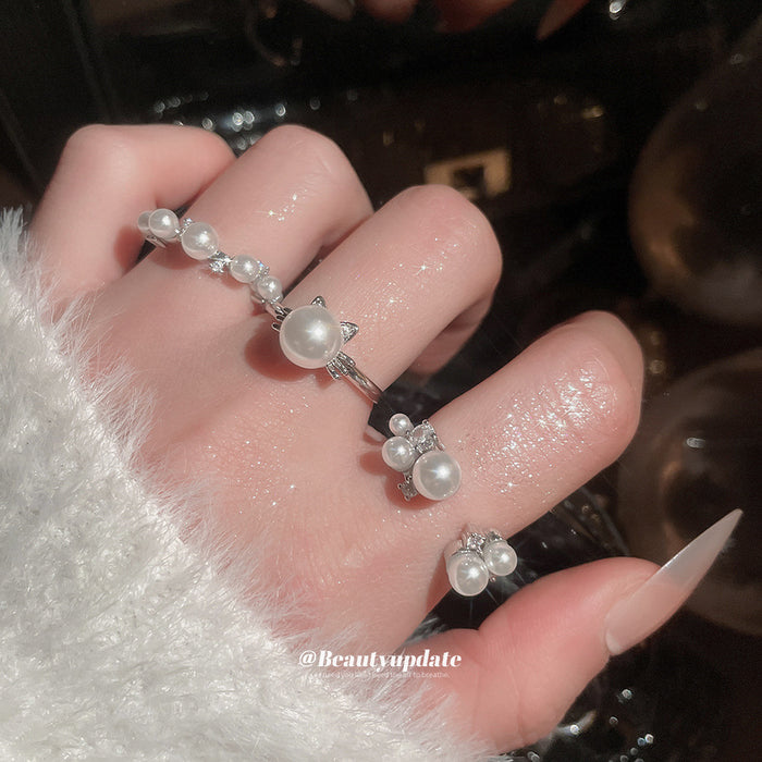Silver Pearl Zircon Open Rings Three Designs Adjustable