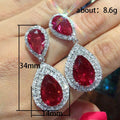 Red Double Pear-Shaped Halo Drop Earrings In Silver Tone view 2