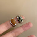 Silver Tone Speckled Cream Oval Stone Open Statement Ring view 4