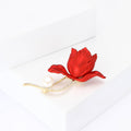 Red Matte Tulip Brooch Pearl Drop Rhinestone Gold Stem view 3