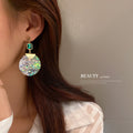 Green Square Stone Shell Pattern Disc Statement Earrings view 4