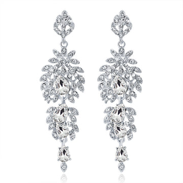 Silver Tone Crystal Leaf Cluster Drop Crystal Metal Dangle Earrings