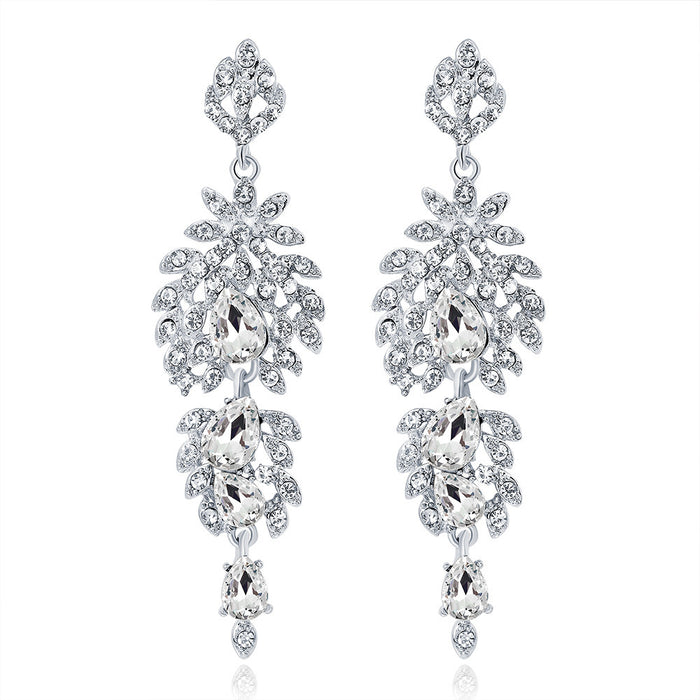 Silver Tone Crystal Leaf Cluster Drop Crystal Metal Dangle Earrings