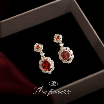 Gold Tone Red Oval Stone Clear Halo Drop Stud Earrings