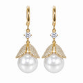 White Pearl Look and Clear Stone Gold Tone Leaf Earrings view 5