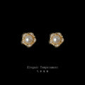 Gold Flower Pearl Stud Earrings Seed Pearl Halo Rim view 4