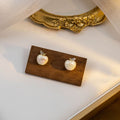 Cream Pearl Apple Stud Earrings Crystal Leaf Gold Stem view 4