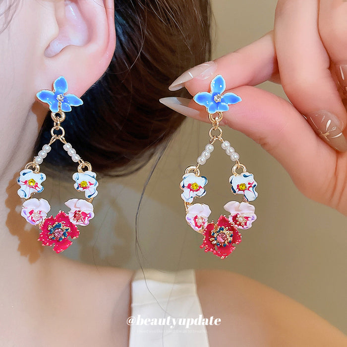 Gold Tone Multicolor Enamel Flower Drop Earrings Statement Jewelry