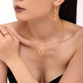 Gold Spiral Sun Pendant Necklace And Hoop Drop Earrings view 3