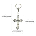 Silver Tone Ornate Cross Pendant Keychain With Split Ring And Chain view 3