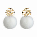 Gold Openwork Flower Black Zircon White Pom-Pom Drop Earrings view 5