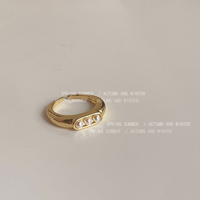 Gold Open Adjustable Three Pearl Face Band Ring Metal