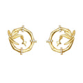 Gold Bamboo Circle Star Drop Stud Earrings CZ Accents view 5
