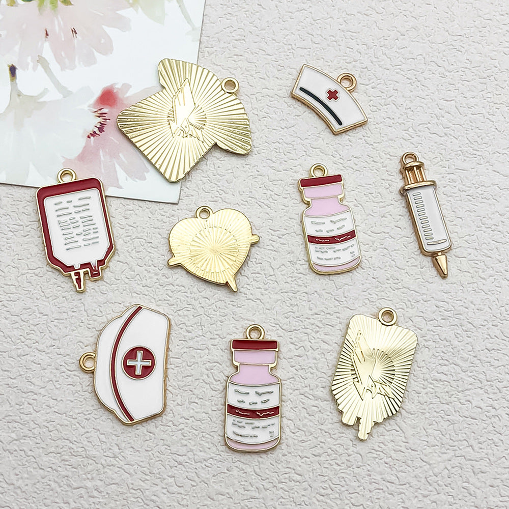 Enamel Zinc Alloy Nurse Hat Medicine Bottle Thermometer Syringe Nurse Cap Charm Pendants for DIY Jewelry