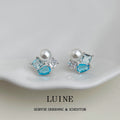 Silver-Tone Pearl Aqua Blue Geometric Cluster Stud Earrings view 4