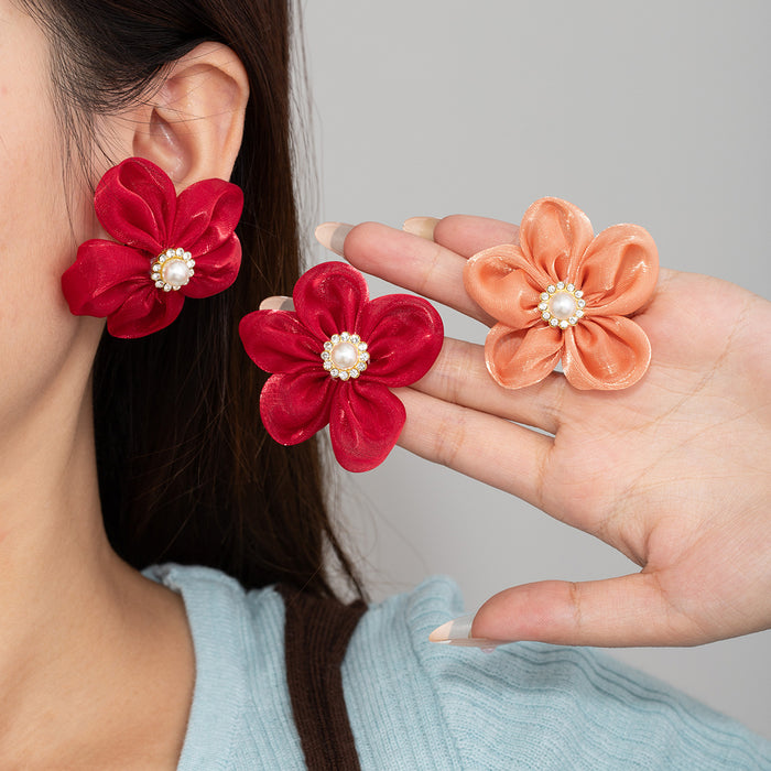Satin Look Flower Pearl Cluster Statement Stud Earrings