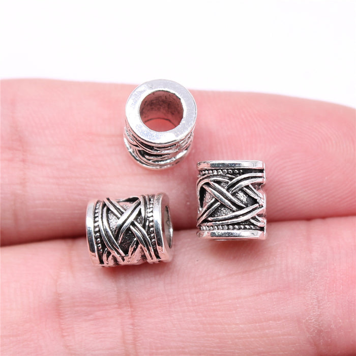 Antique Silver Crisscross Pattern Large Hole Metal Bead