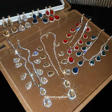 Teardrop Rhinestone Necklace Drop Earrings Court Style Set