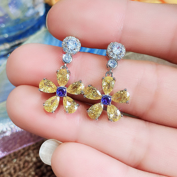 Yellow Flower Dangle Earrings with Multicolor Marquise Stones
