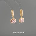 Gold Pavé Huggie Pink Cushion Stone Halo Drop Earrings view 4