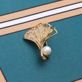 Gold Tone Ginkgo Leaf Brooch With Decorative Crystal And Enamel Details view 3