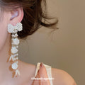 White Beaded Bow Extra Long Floral Tassel Stud Earrings view 3