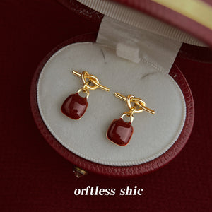 Gold Tone Knot Stud Earrings Burgundy Enamel Drops