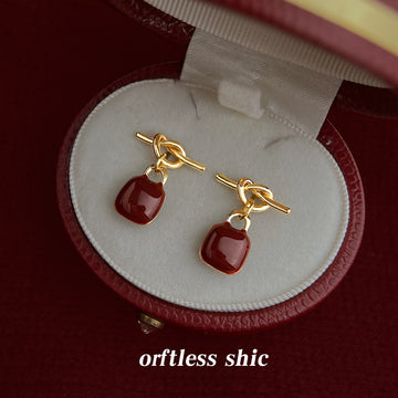 Gold Tone Knot Stud Earrings Burgundy Enamel Drops