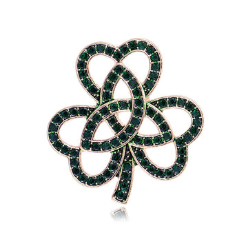 Green Three Leaf Clover Openwork Crystal Two Designs Metal Brooch Pin