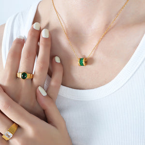 Gold Cable Chain Green Zircon Cylinder Bead Pendant Necklace