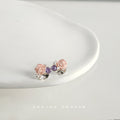 Pink Rose Stud Earrings Purple Crystal Clear Leaf Pearls view 3
