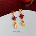 Red Coin Chinese Knot Gold Fa Cai Cube Drop Earrings Pair view 1