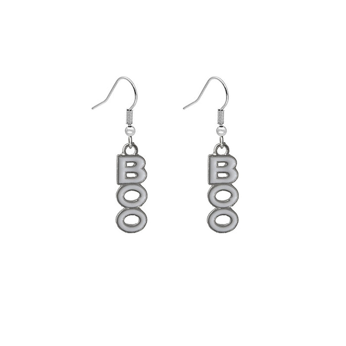 Silver BOO Letter Drop Earrings White Enamel Fishhooks