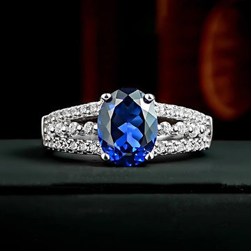 Deep Blue Oval Solitaire Triple-Row Wide Ring In Silver Tone