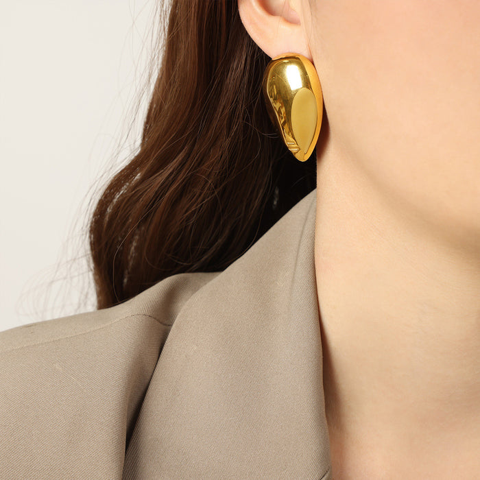 Large Polished Teardrop Stud Earrings Gold Steel Metal